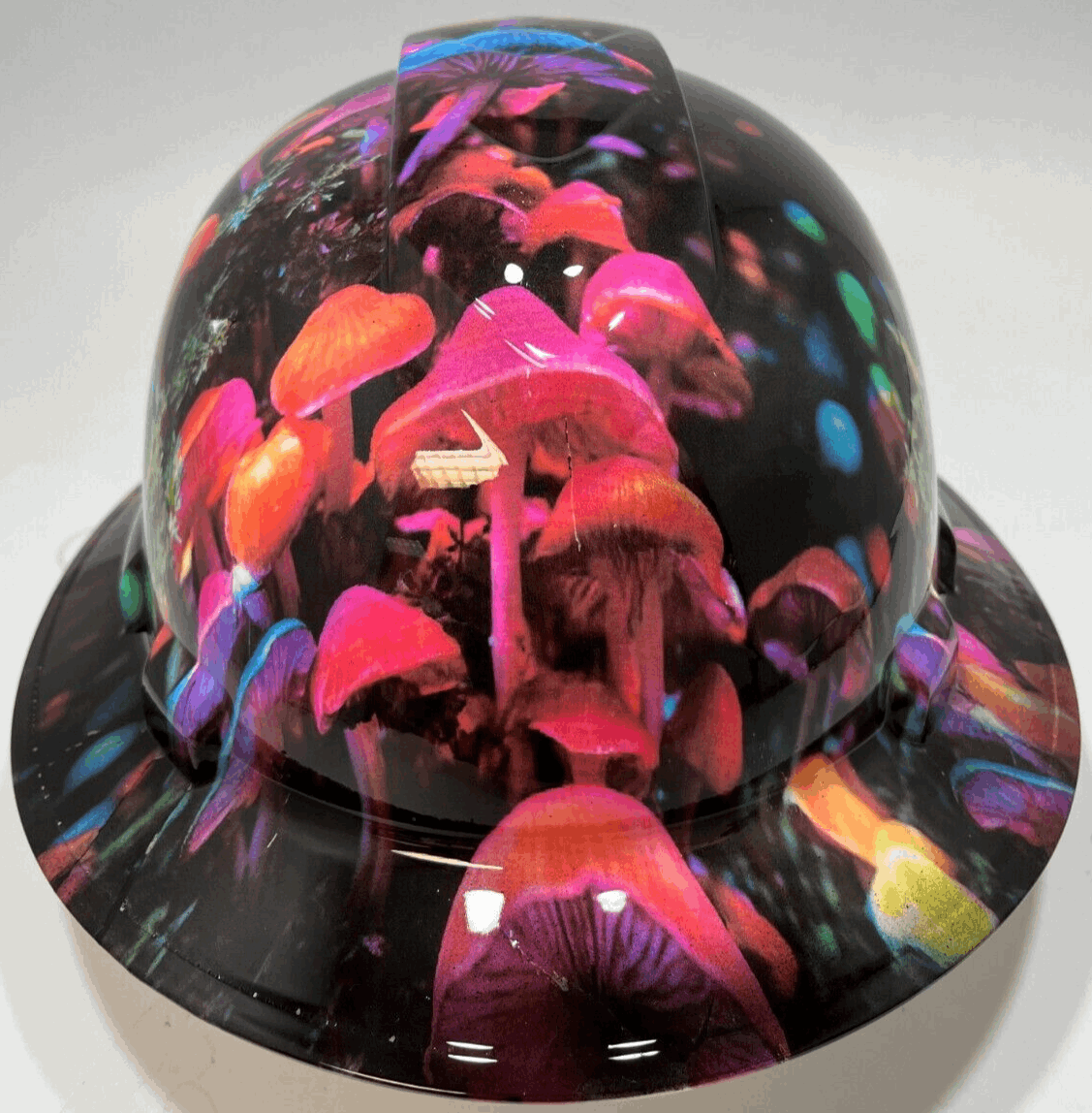 ANSI Type 1 Full Brim Hard Hat Custom Hydro Dipped PSYCHEDELIC NEON TRIPPY MUSHROOMS