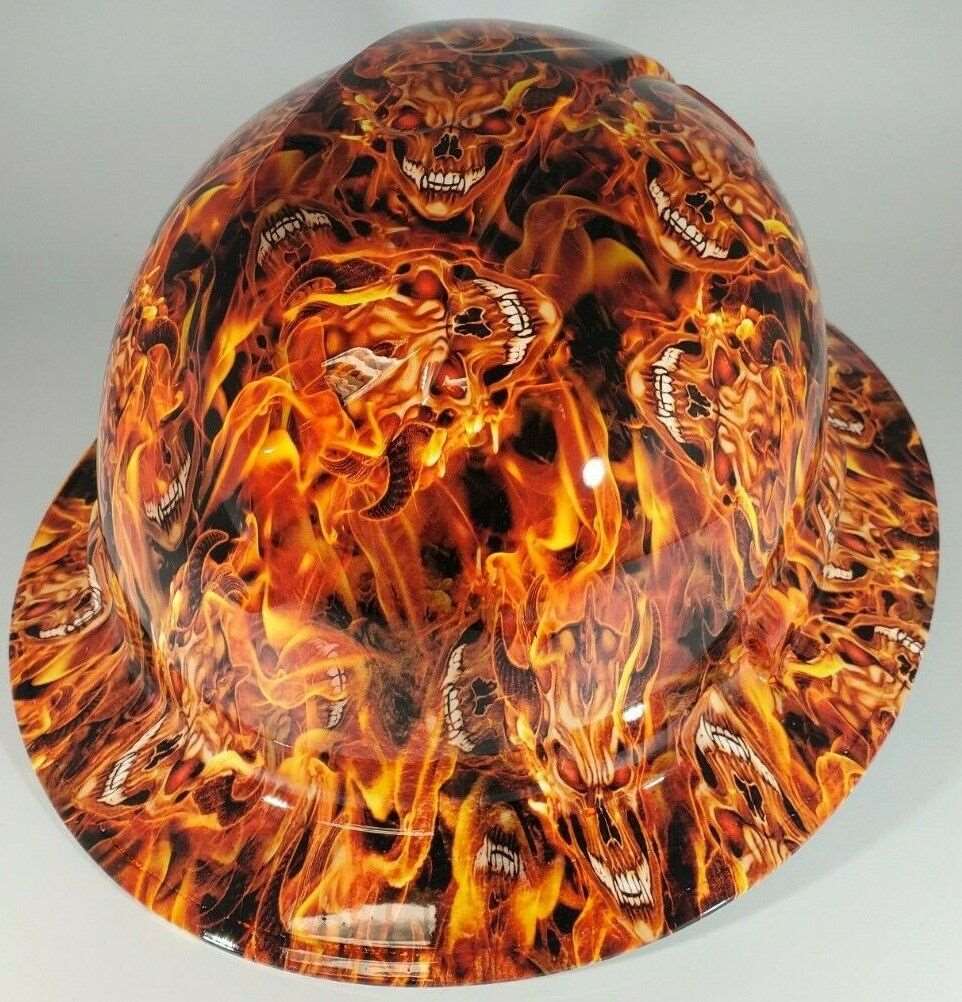 Full Brim Hard Hat Hydro Dipped INFERNO FLAMING SKULLS