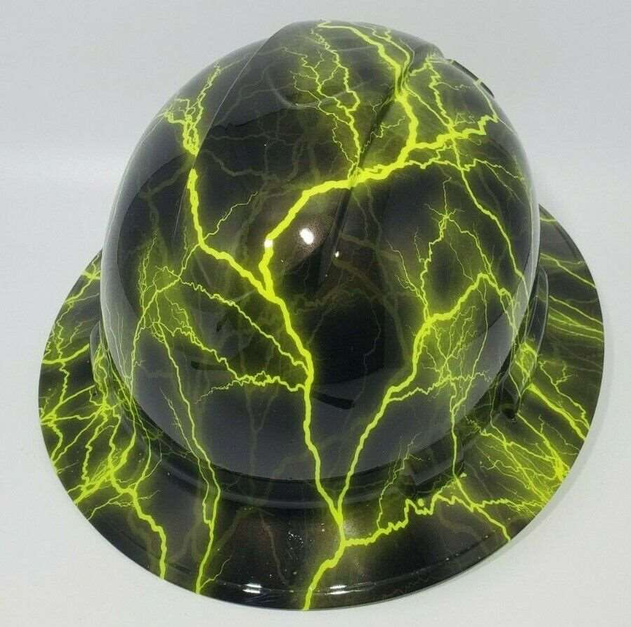 ANSI Type 1 Full Brim Hard Hat Custom Hydro Dipped SAFETY GREEN LIGHTNING