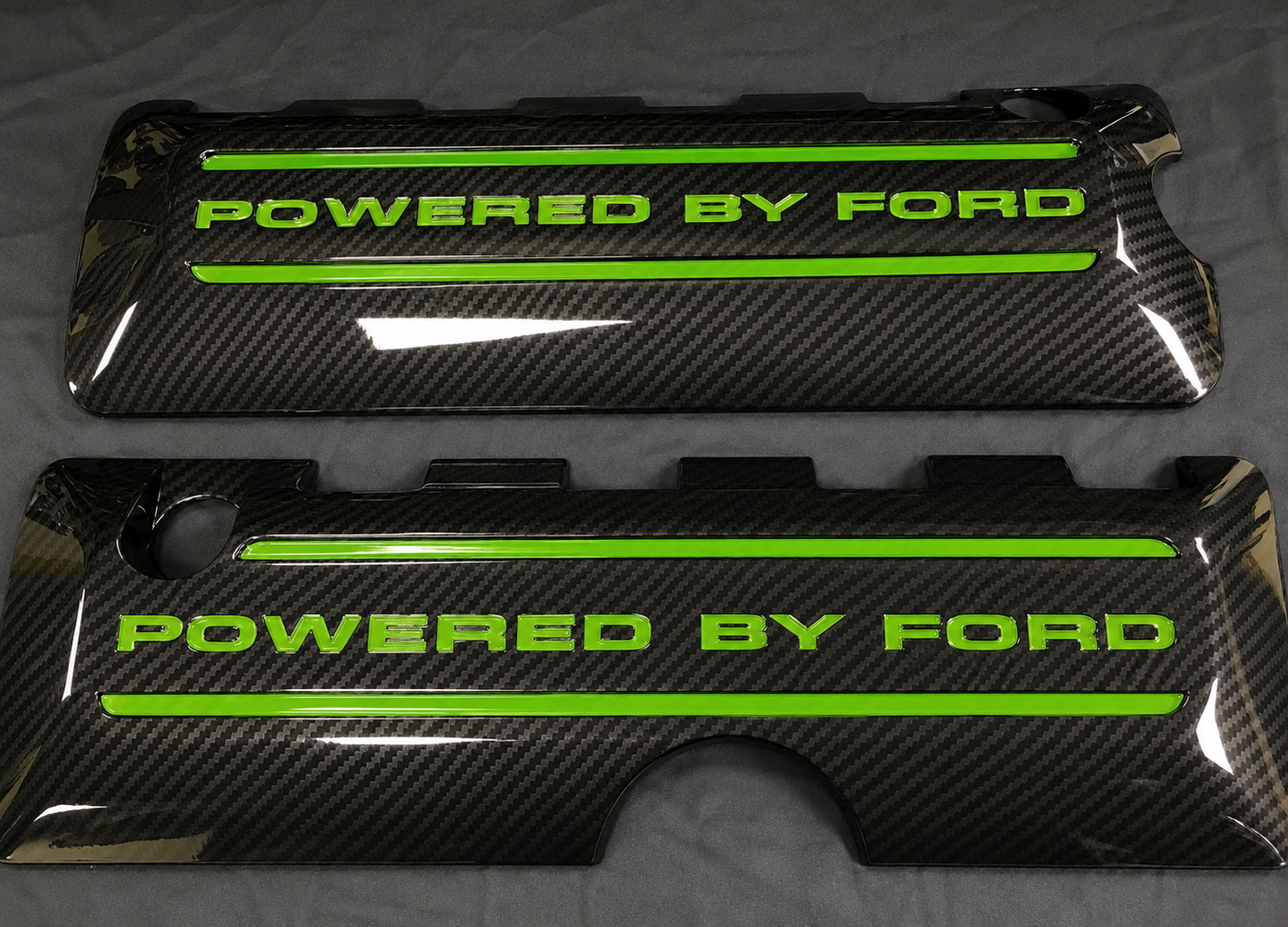 Mustang 5.0 Coil Cover Set. Carbon Fiber With Painted Lettering & Lines In lime