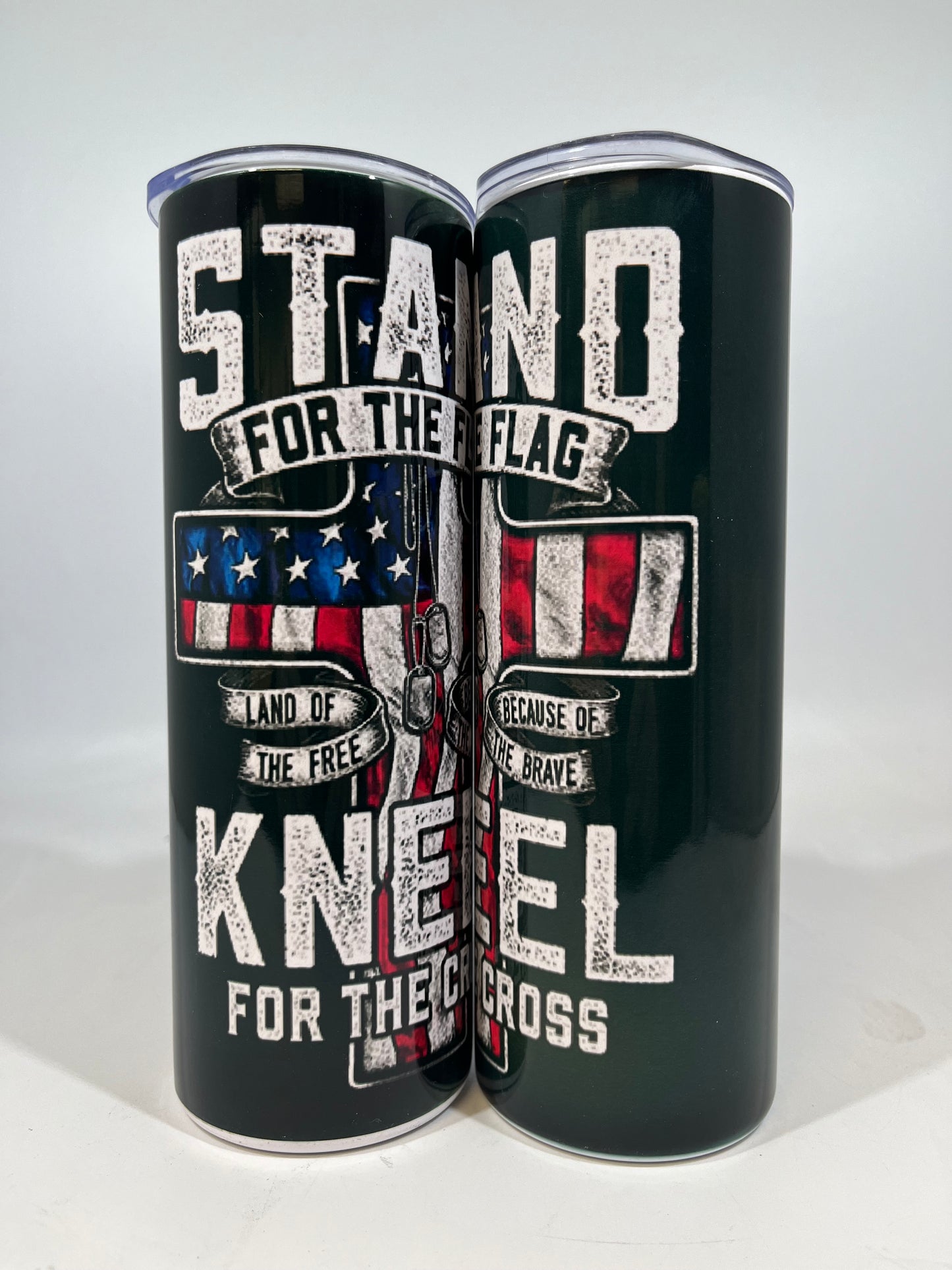 20 oz Skinny Tumbler - STAND FOR THE FLAG KNEEL FOR THE CROSS