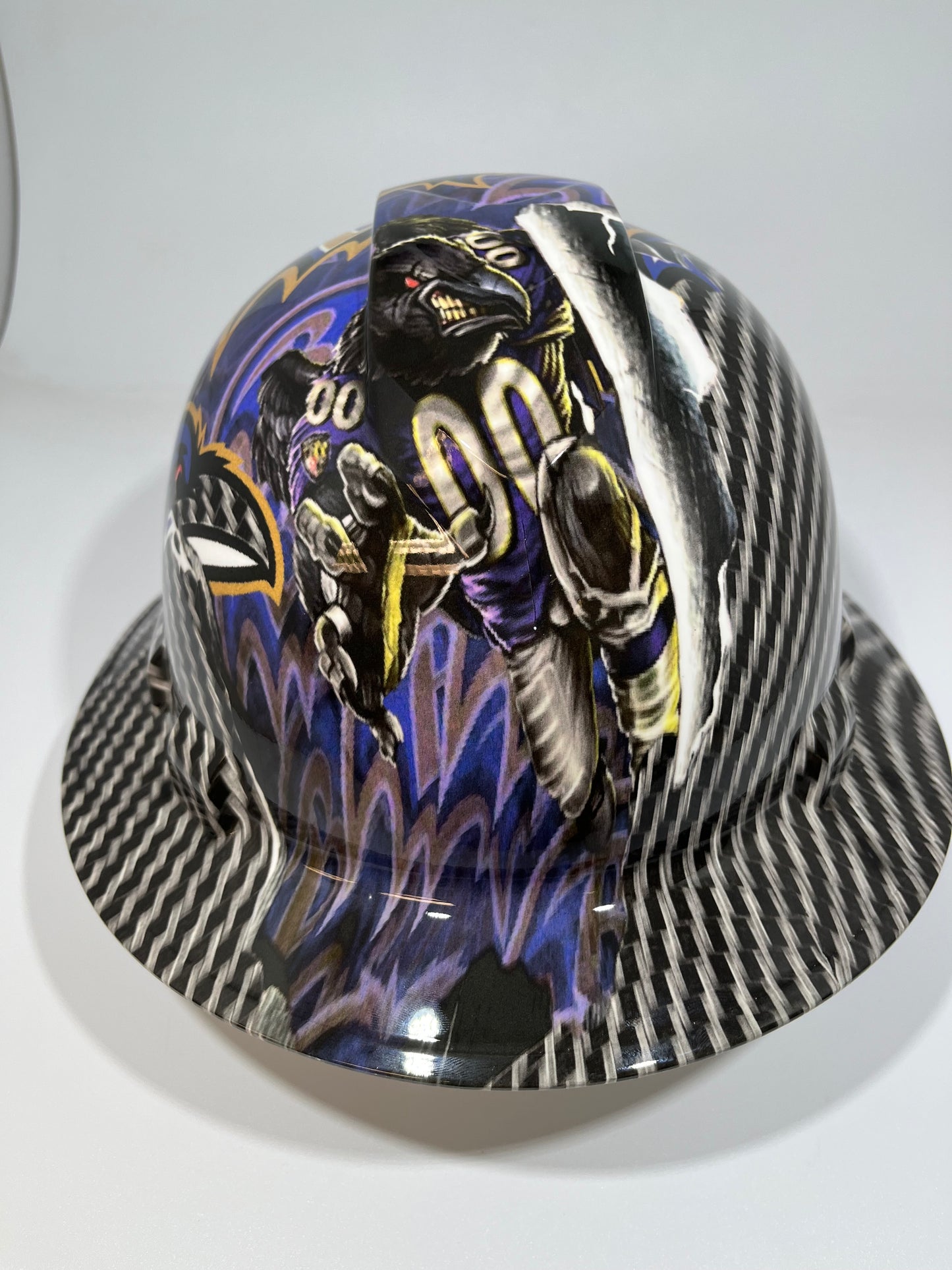 Full Brim Hard Hat Hydro Dipped BALTIMORE RAVENS RIP TEAR CARBON FIBER
