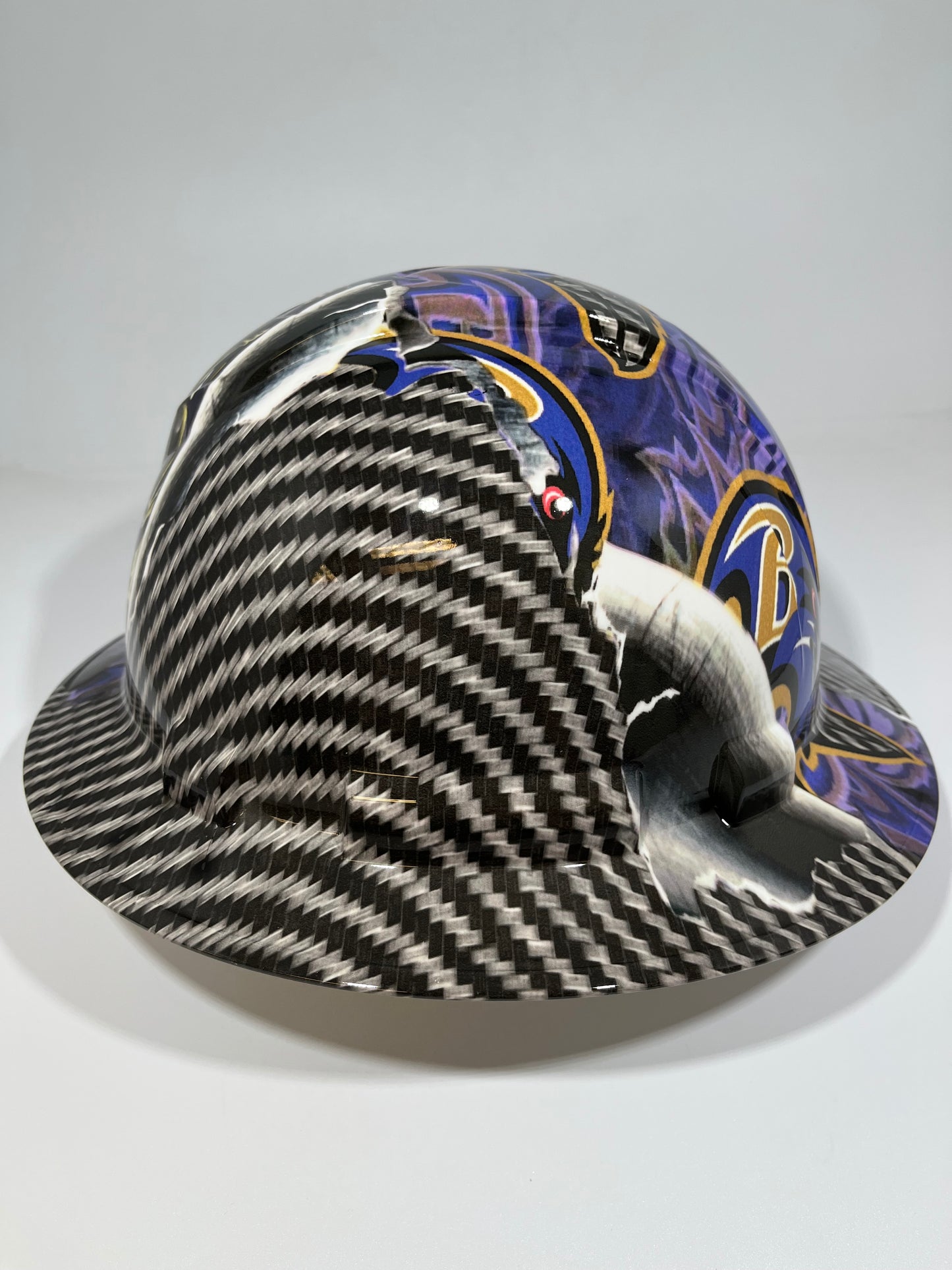 Full Brim Hard Hat Hydro Dipped BALTIMORE RAVENS RIP TEAR CARBON FIBER