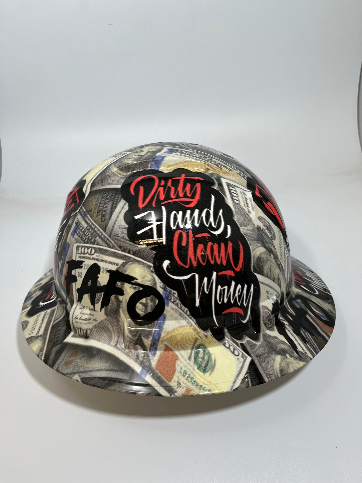 Full Brim Hard Hat Hydro Dipped FAFO DIRTY HANDS CLEAN MONEY
