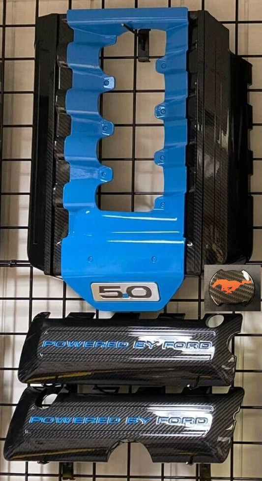 Mustang 5.0 Coil Cover Set & Engine Cover. Carbon Fiber With Painted Lettering In Race Red