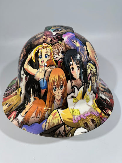 Full Brim Hard Hat Custom Hydro Dipped ANIME CROSSOVER STICKER BOMB