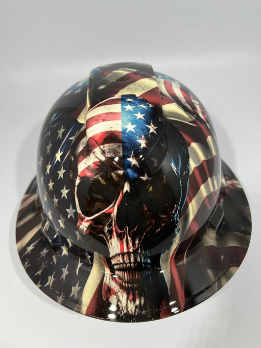 Full Brim Hard Hat Hydro Dipped American Flag Bad Ass Skull