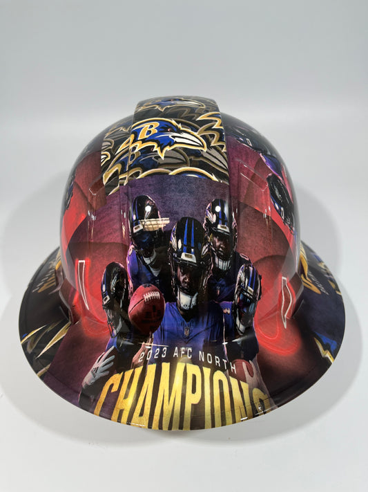 Full Brim Hard Hat Custom Hydro Dipped BALTIMORE RAVENS AFC NORTH CHAMPS