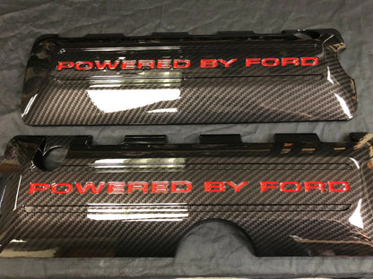 Mustang 5.0 Coil Cover Set & Engine Cover. Carbon Fiber With Painted Lettering In Kona Blue