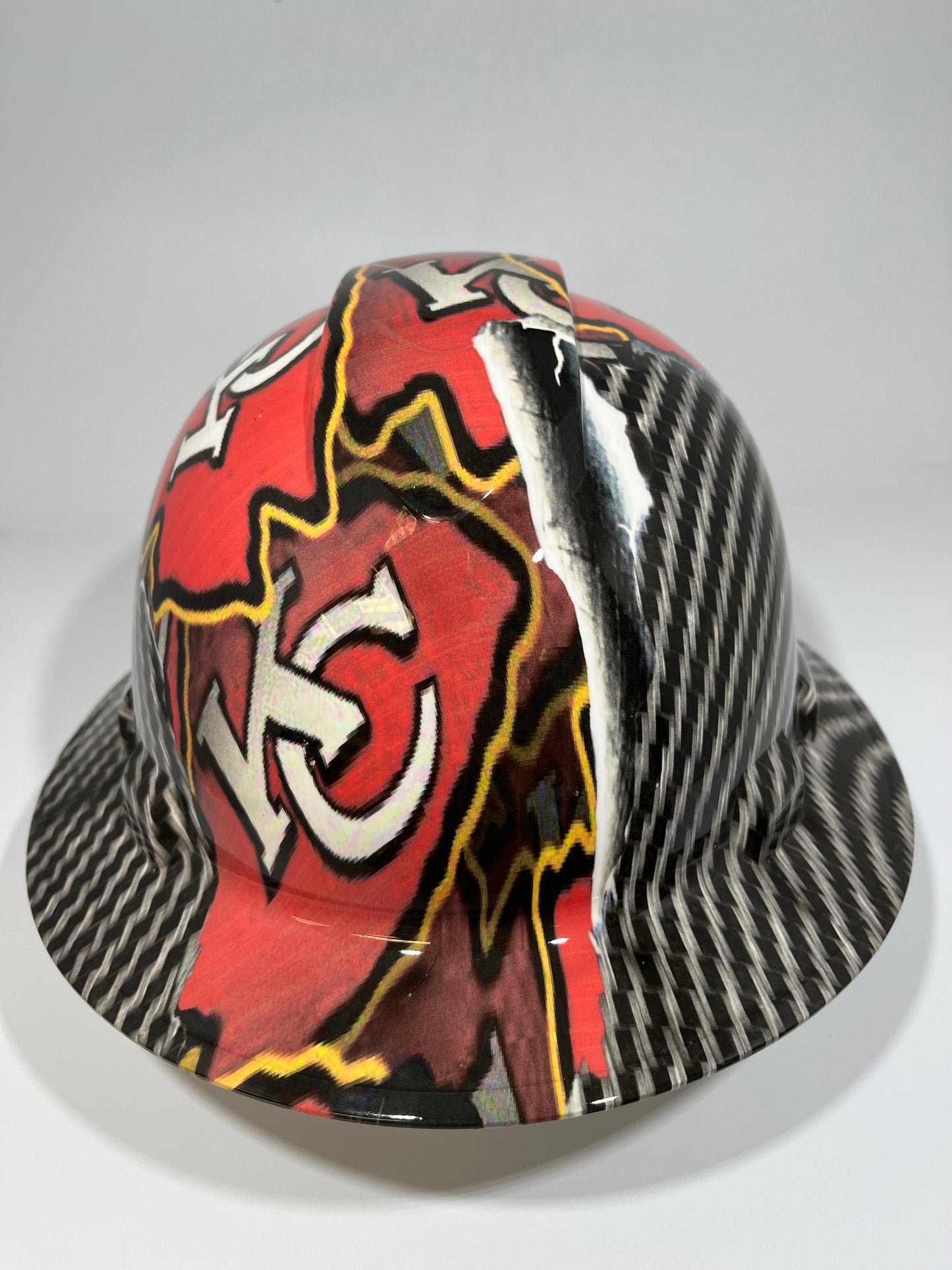 Full Brim Hard Hat Hydro Dipped KANSAS CITY CHIEFS RIP TEAR CARBON FIBER