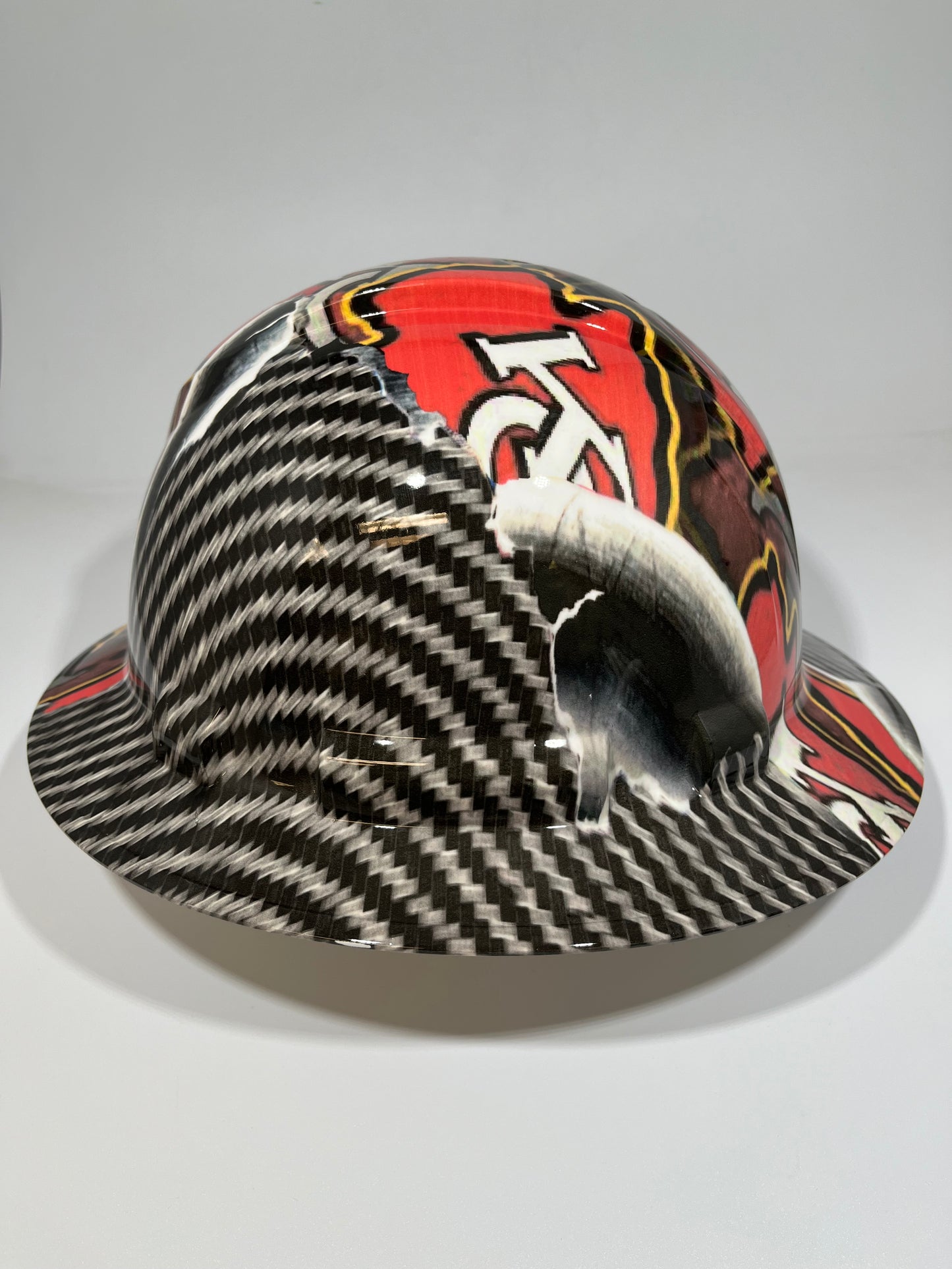 Full Brim Hard Hat Hydro Dipped KANSAS CITY CHIEFS RIP TEAR CARBON FIBER