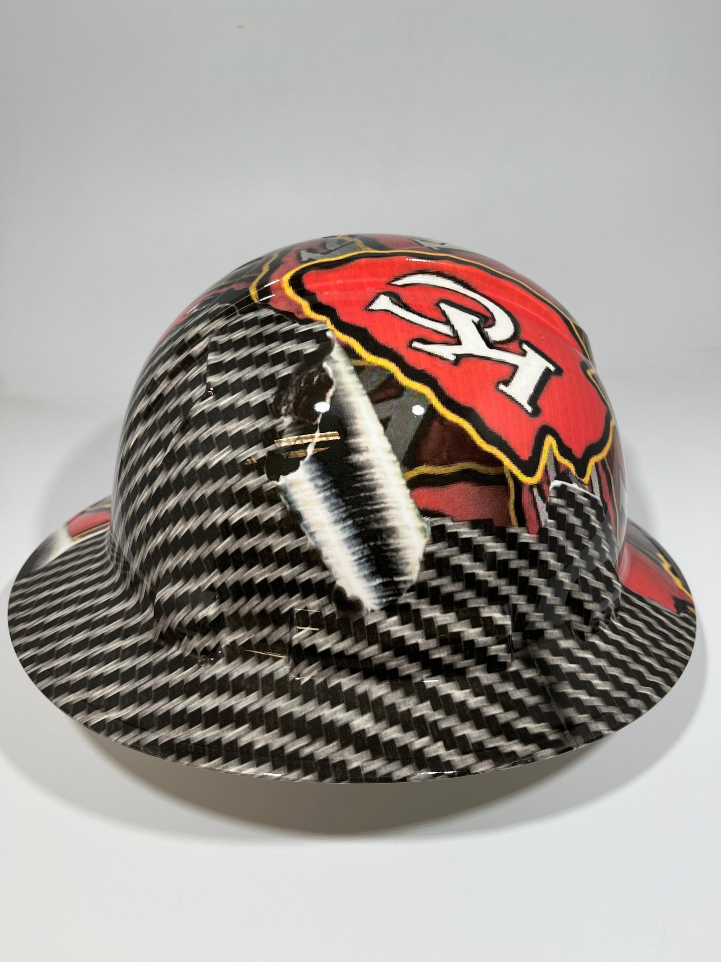 Full Brim Hard Hat Hydro Dipped KANSAS CITY CHIEFS RIP TEAR CARBON FIBER