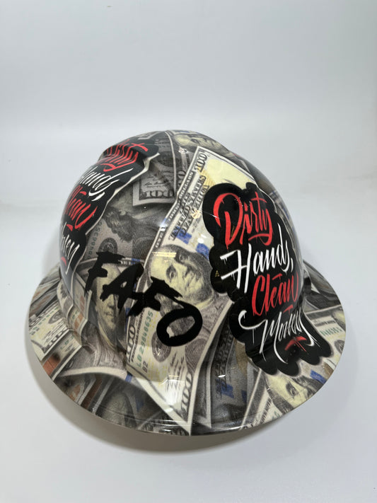 Full Brim Hard Hat Hydro Dipped FAFO DIRTY HANDS CLEAN MONEY