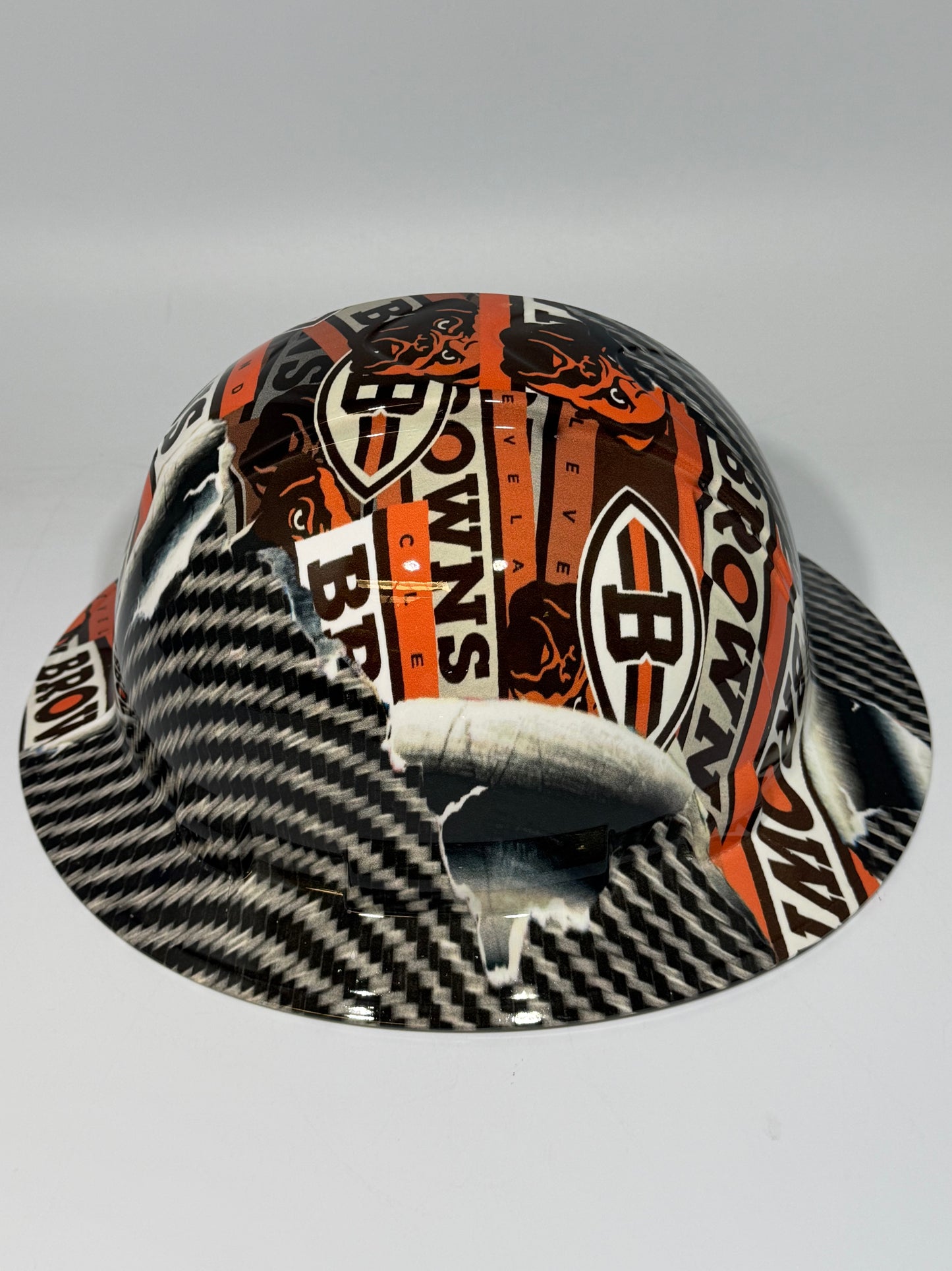 Full Brim Hard Hat Hydro Dipped BROWNS RIP TEAR CARBON FIBER