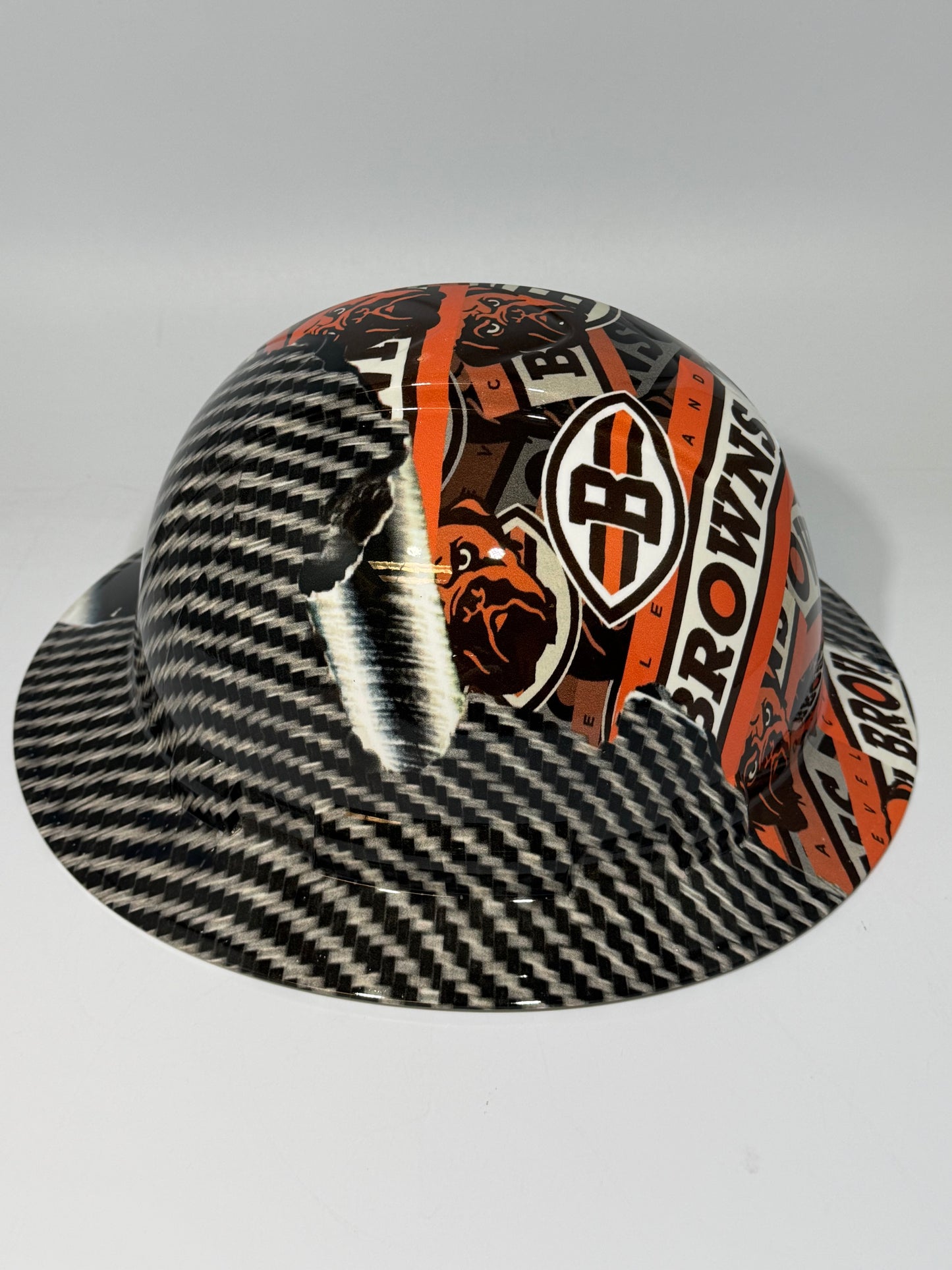 Full Brim Hard Hat Hydro Dipped BROWNS RIP TEAR CARBON FIBER