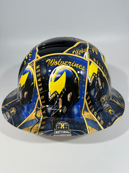 Full Brim Hard Hat Custom Hydro Dipped MICHIGAN WOLVERINES