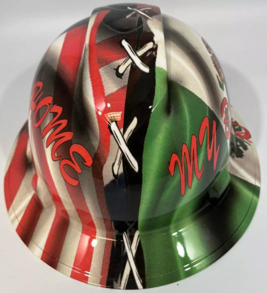 Full Brim Hard Hat Custom Hydro Dipped MY HOME / MY BLOOD MEXICAN AMERICAN