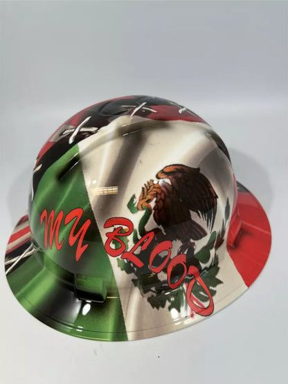Full Brim Hard Hat Custom Hydro Dipped MY HOME / MY BLOOD MEXICAN AMERICAN