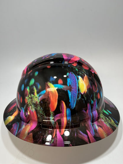 Full Brim Hard Hat Hydro Dipped PSYCHEDELIC NEON TRIPPY MUSHROOMS