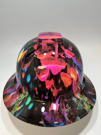 Full Brim Hard Hat Hydro Dipped PSYCHEDELIC NEON TRIPPY MUSHROOMS