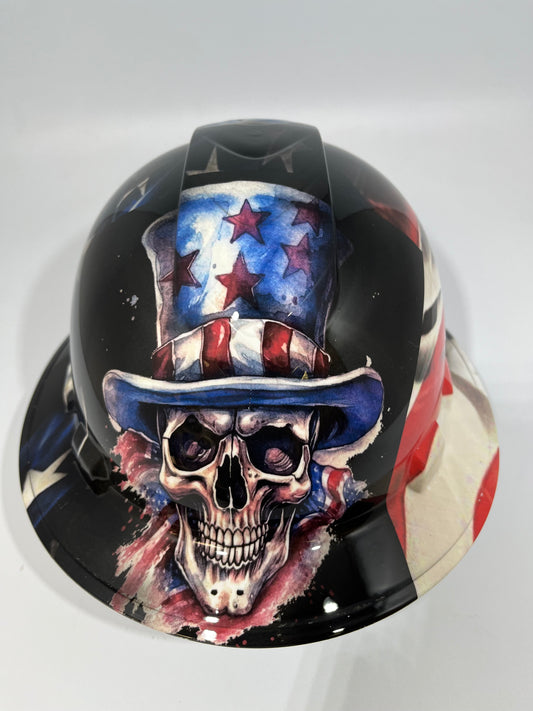 Full Brim Hard Hat Hydro Dipped Uncle Sam American Flag Skull