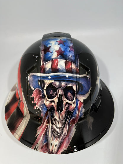 Full Brim Hard Hat Hydro Dipped Uncle Sam American Flag Skull