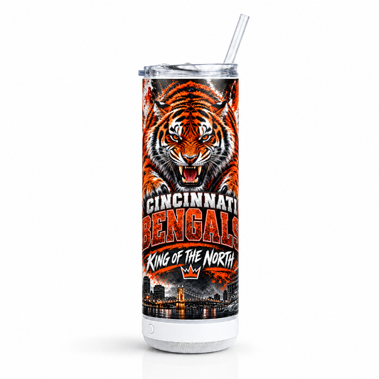 Cincinnati Bengals King of the North 20 oz speaker tumbler mockup with white speaker base