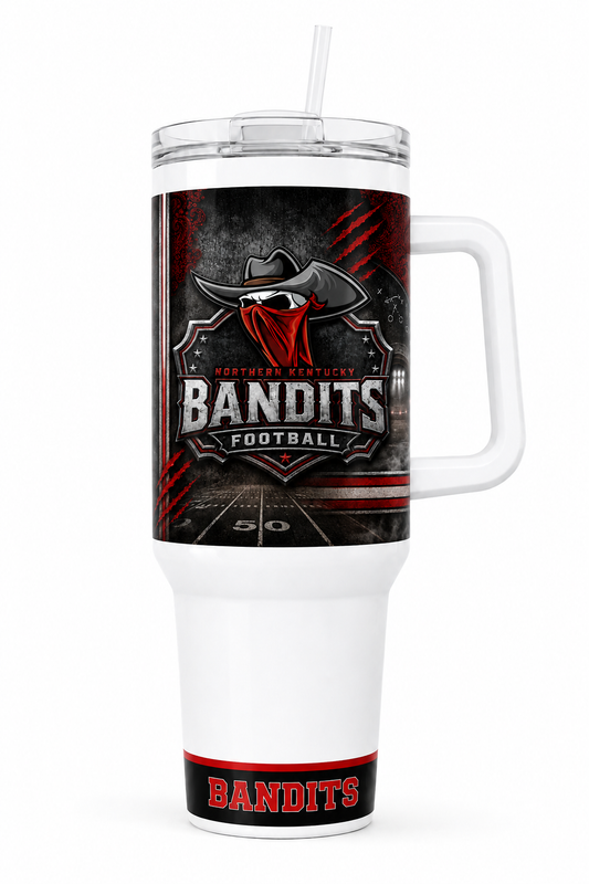 Boone County Bandits Football 40oz handled tumbler mockup with top artwork and bottom band