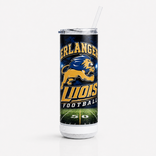 Erlanger Lions Football 20oz speaker tumbler mockup with white speaker base