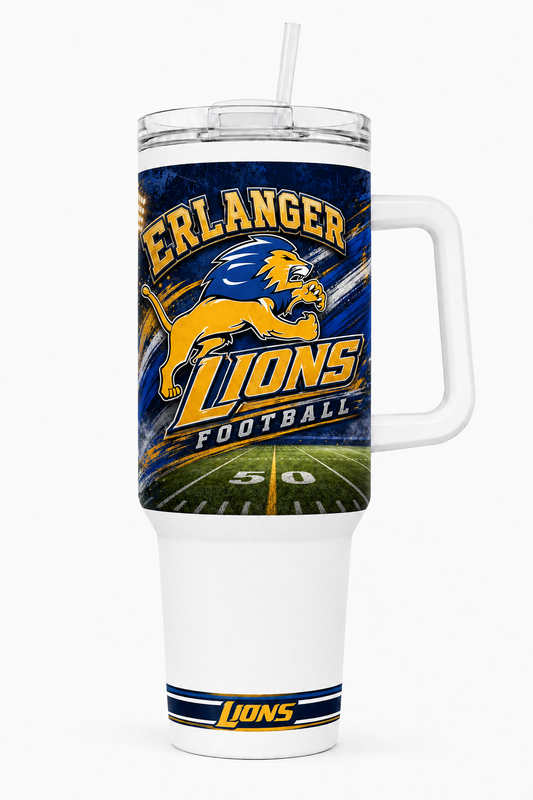 Erlanger Lions Football 40oz handled tumbler mockup with top artwork and bottom band