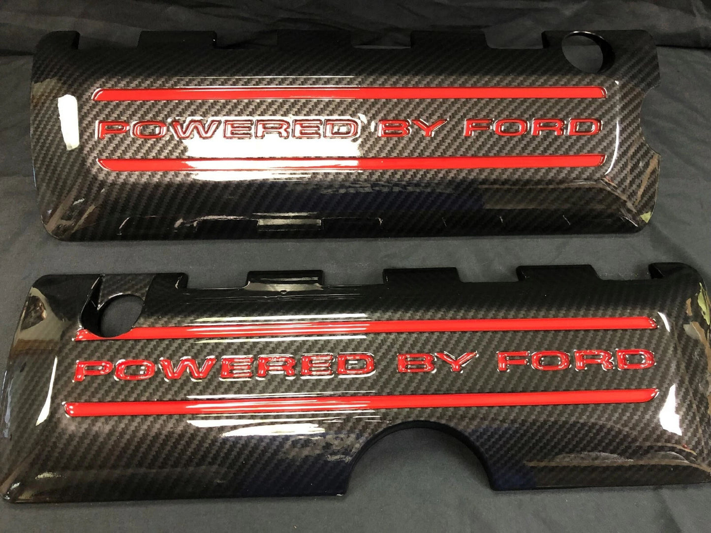 Mustang 5.0 Coil Cover Set. Carbon Fiber With Painted Lettering & Lines In Race Red