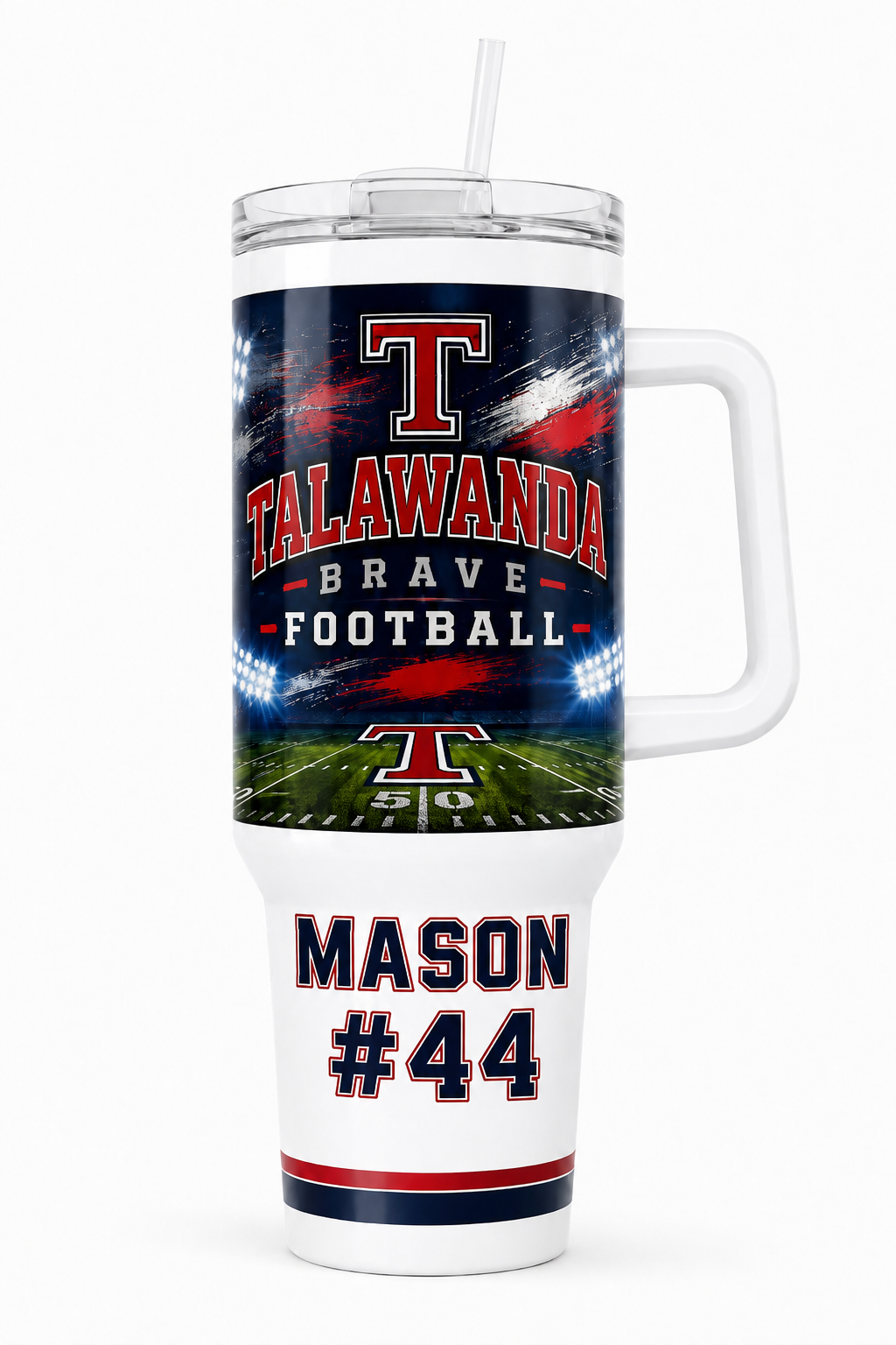 Talawanda Brave Football 40oz handle tumbler personalized Mason number 44